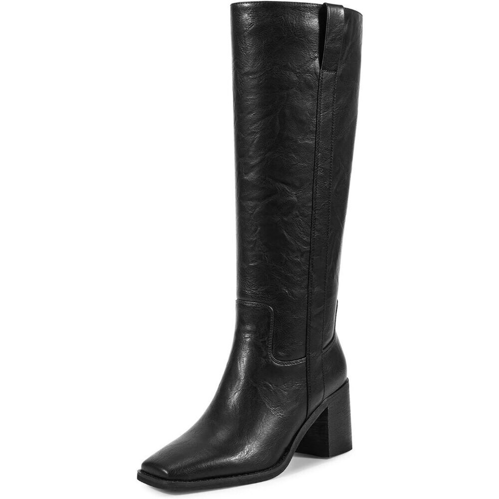 👉 Women Black Chunky Low Heel Square Toe Elastic Tall Boots Side Zipper PU Lea